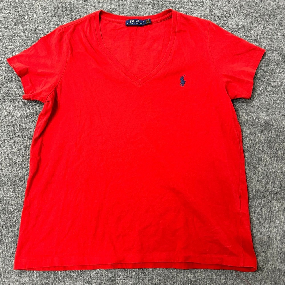 Polo Ralph Lauren T-Shirt Womens Size L Red V-Neck Cotton Short Sleeve Pony Logo